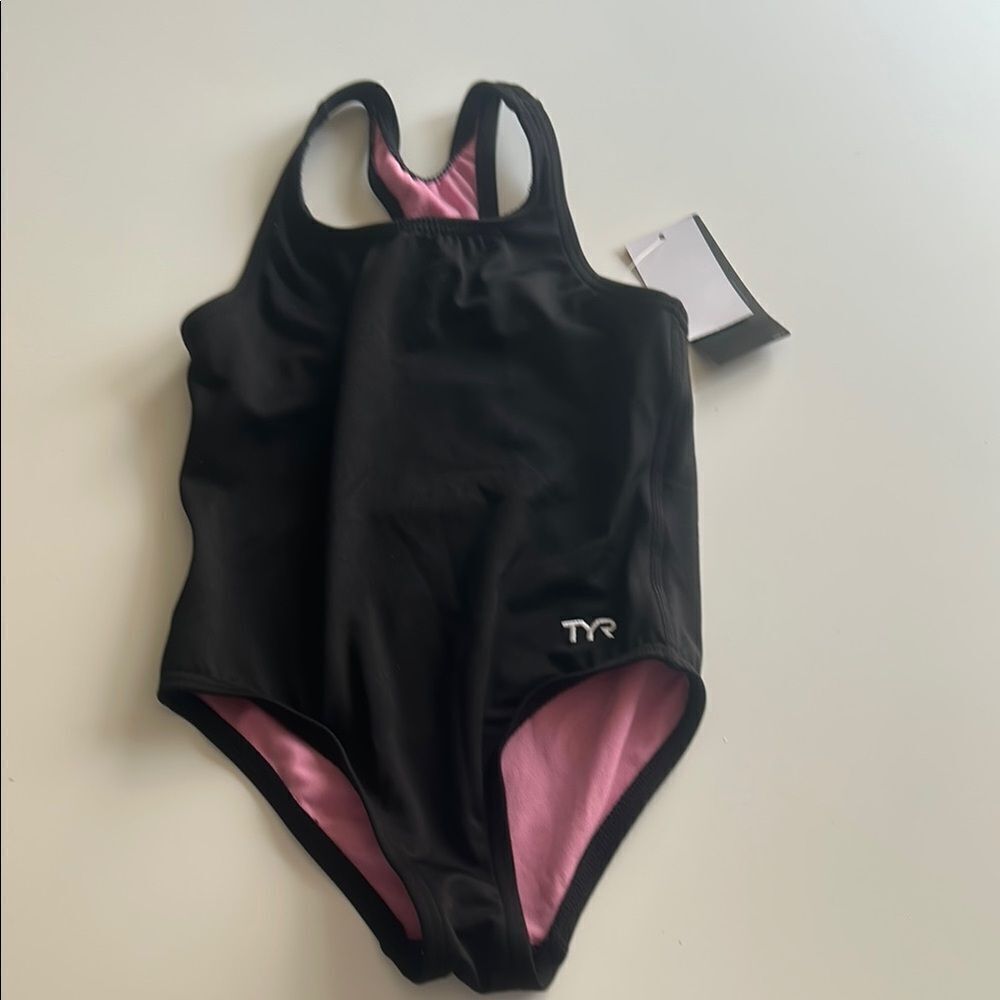 TYR Girls' Durafast Lite Ella Maxfit Swimsuit Size Small, 6/6X, Black/ Pink, NWT